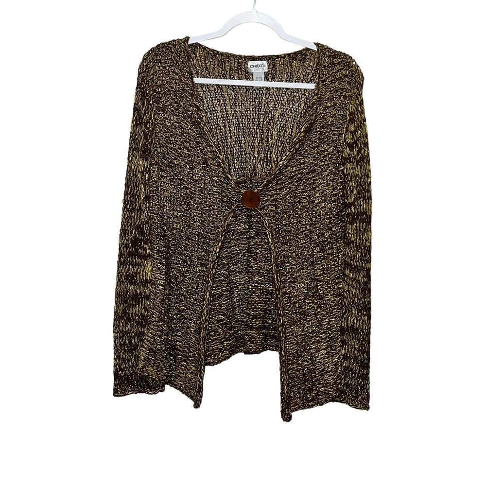 Chico's Ribbon Knit Sweater Gold/ Brown Single Button Long Sleeve Size 1 - MED